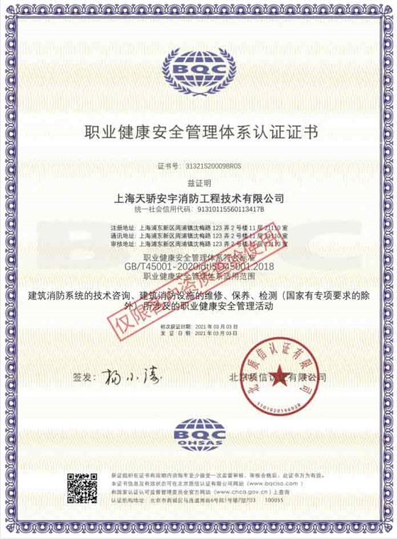 OHSAS18001职业健康安全管理体系认证证书